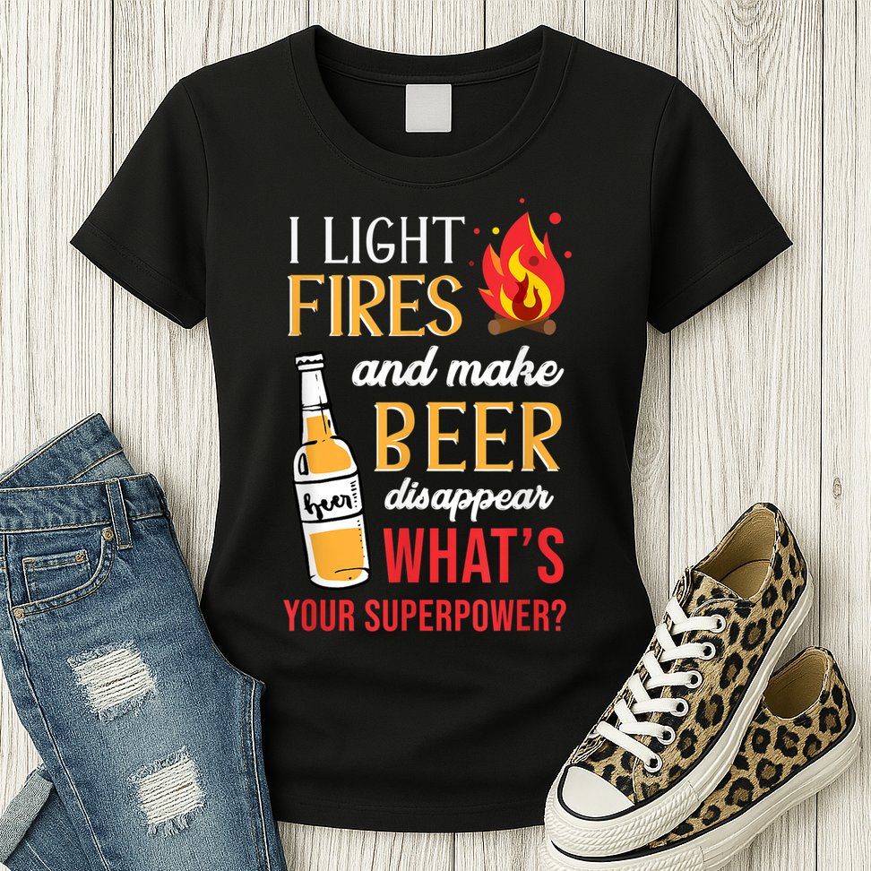 I Light Fires And Make Beer Disappear Funny Camping Womens T-Shirt