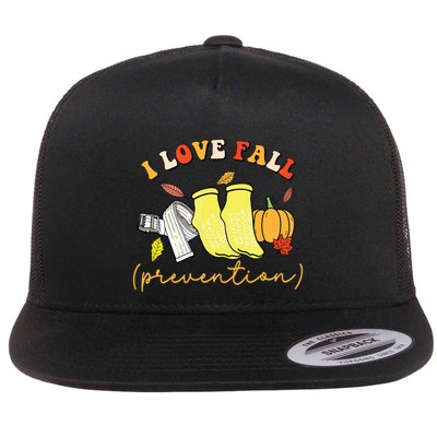 I Love Fall Prevention Socks Thanksgiving Autumn Quote Flat Bill Trucker Hat