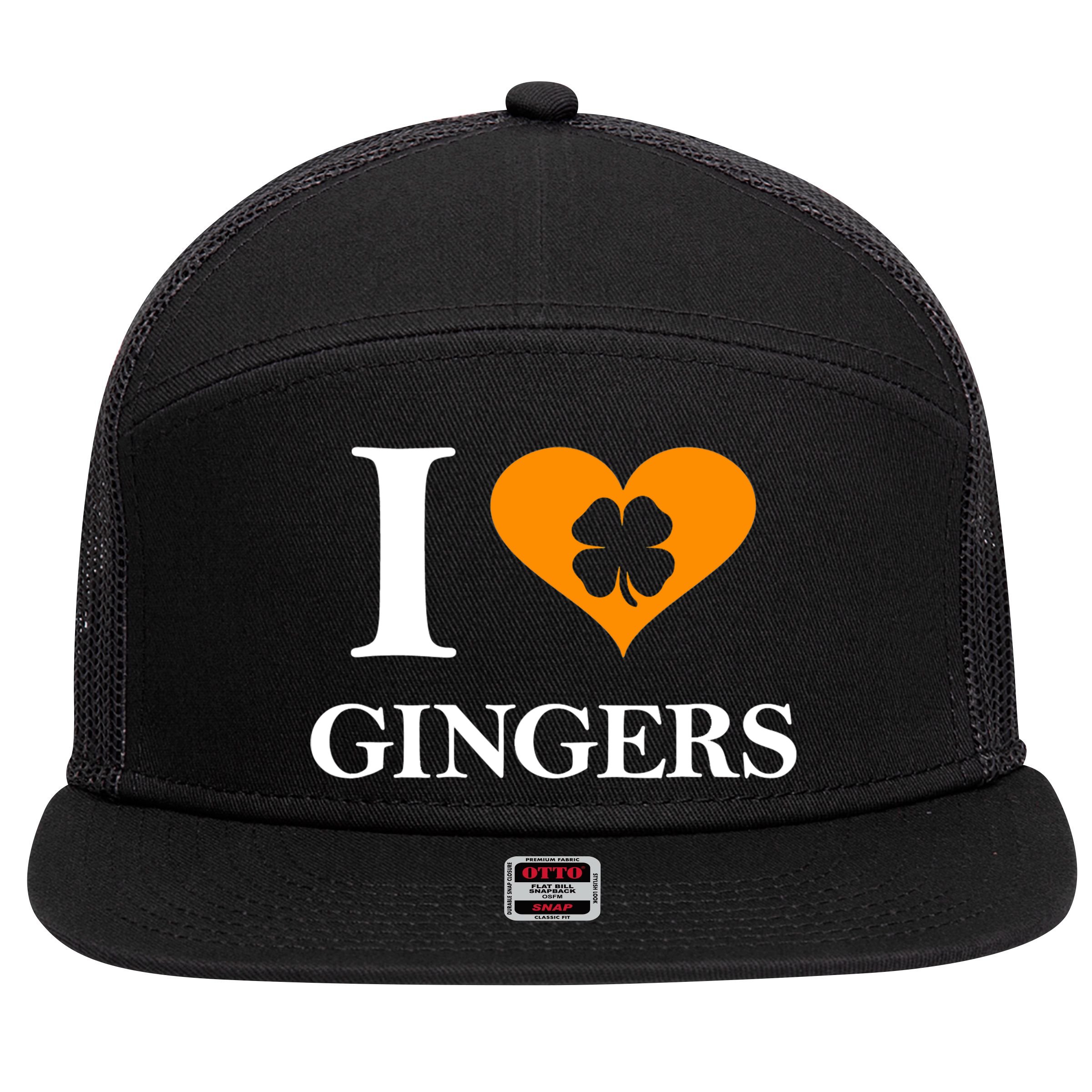 I Love Gingers Heart Shamrock Redhead Lover Shirt 7 Panel Mesh Trucker Snapback Hat