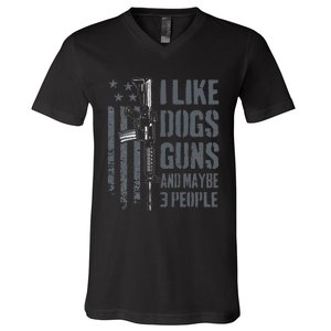 I Like Guns Dogs And Maybe 3 People Funny Dog Lover Gun V-Neck T-Shirt