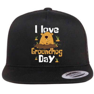 I Love Groundhog Day Funny Woodchuck Groundhog Day Flat Bill Trucker Hat