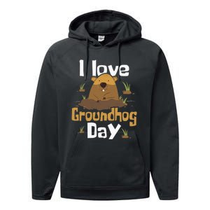 I Love Groundhog Day Funny Woodchuck Groundhog Day Performance Fleece Hoodie