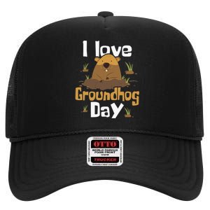 I Love Groundhog Day Funny Woodchuck Groundhog Day High Crown Mesh Back Trucker Hat