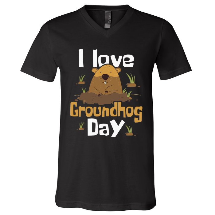 I Love Groundhog Day Funny Woodchuck Groundhog Day V-Neck T-Shirt