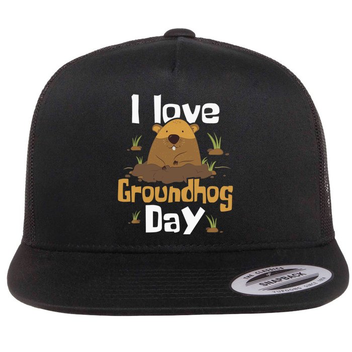 I Love Groundhog Day Funny Woodchuck Groundhog Day Flat Bill Trucker Hat