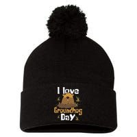 I Love Groundhog Day Funny Woodchuck Groundhog Day Pom Pom 12in Knit Beanie