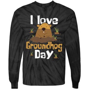 I Love Groundhog Day Funny Woodchuck Groundhog Day Tie-Dye Long Sleeve Shirt