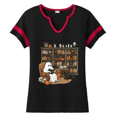 In Library Ghost Reading Books Halloween Librarian Ghost Ladies Halftime Notch Neck Tee