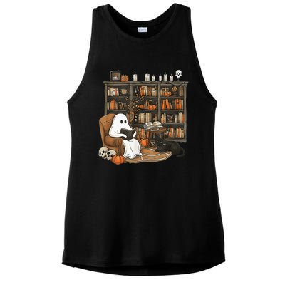 In Library Ghost Reading Books Halloween Librarian Ghost Ladies PosiCharge Tri-Blend Wicking Tank