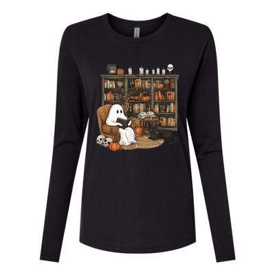 In Library Ghost Reading Books Halloween Librarian Ghost Womens Cotton Relaxed Long Sleeve T-Shirt