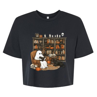 In Library Ghost Reading Books Halloween Librarian Ghost Bella+Canvas Jersey Crop Tee