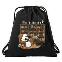 In Library Ghost Reading Books Halloween Librarian Ghost Drawstring Bag