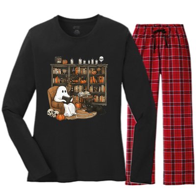 In Library Ghost Reading Books Halloween Librarian Ghost Women's Long Sleeve Flannel Pajama Set 