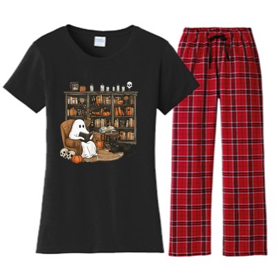 In Library Ghost Reading Books Halloween Librarian Ghost Women's Flannel Pajama Set