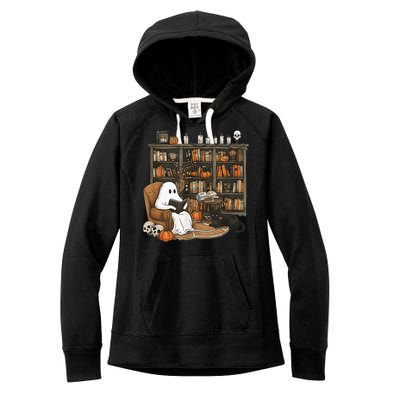 In Library Ghost Reading Books Halloween Librarian Ghost Women's Fleece Hoodie