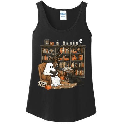 In Library Ghost Reading Books Halloween Librarian Ghost Ladies Essential Tank