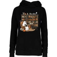 In Library Ghost Reading Books Halloween Librarian Ghost Womens Funnel Neck Pullover Hood