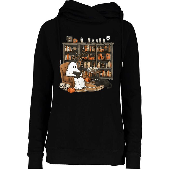 In Library Ghost Reading Books Halloween Librarian Ghost Womens Funnel Neck Pullover Hood