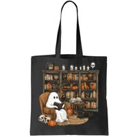 In Library Ghost Reading Books Halloween Librarian Ghost Tote Bag