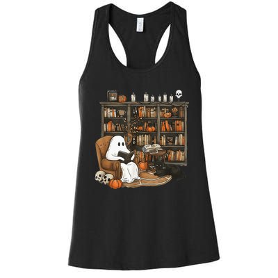 In Library Ghost Reading Books Halloween Librarian Ghost Women's Racerback Tank