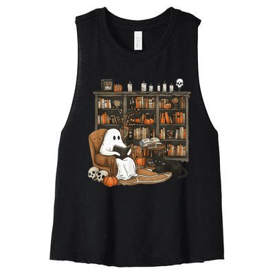 In Library Ghost Reading Books Halloween Librarian Ghost Women's Racerback Cropped Tank