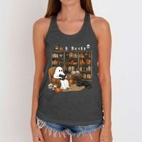 In Library Ghost Reading Books Halloween Librarian Ghost Women's Knotted Racerback Tank