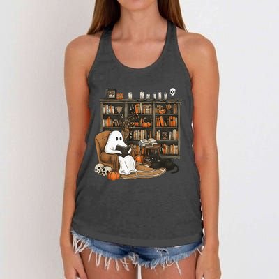 In Library Ghost Reading Books Halloween Librarian Ghost Women's Knotted Racerback Tank