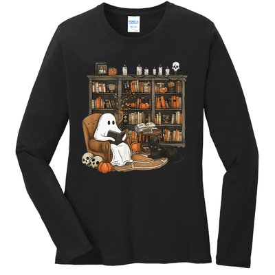 In Library Ghost Reading Books Halloween Librarian Ghost Ladies Long Sleeve Shirt