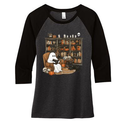 In Library Ghost Reading Books Halloween Librarian Ghost Women's Tri-Blend 3/4-Sleeve Raglan Shirt