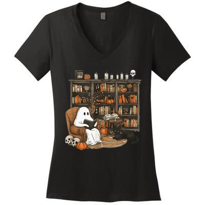 In Library Ghost Reading Books Halloween Librarian Ghost Women's V-Neck T-Shirt