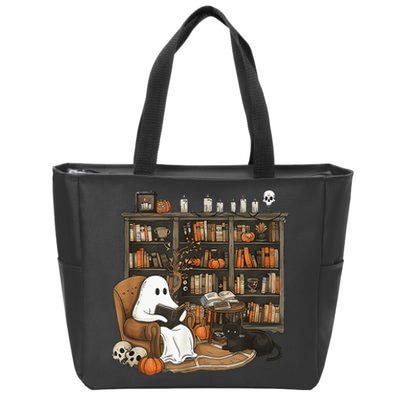 In Library Ghost Reading Books Halloween Librarian Ghost Zip Tote Bag