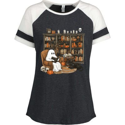 In Library Ghost Reading Books Halloween Librarian Ghost Enza Ladies Jersey Colorblock Tee