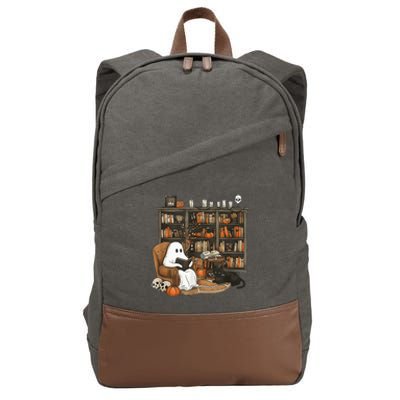 In Library Ghost Reading Books Halloween Librarian Ghost Cotton Canvas Backpack