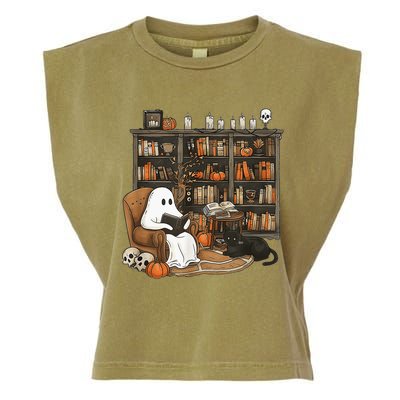 In Library Ghost Reading Books Halloween Librarian Ghost Garment-Dyed Women's Muscle Tee