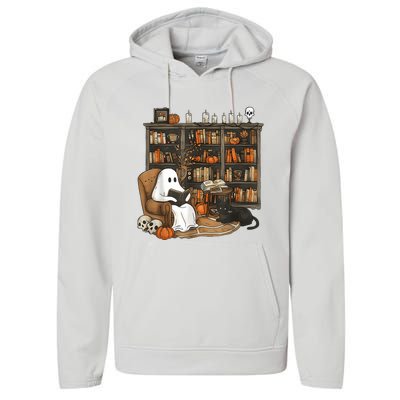 In Library Ghost Reading Books Halloween Librarian Ghost Performance Fleece Hoodie