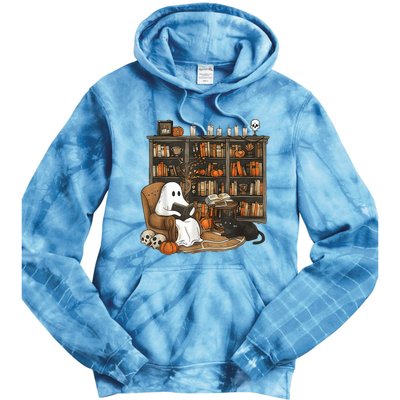 In Library Ghost Reading Books Halloween Librarian Ghost Tie Dye Hoodie