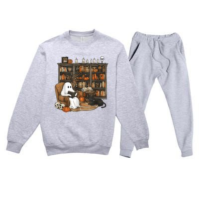 In Library Ghost Reading Books Halloween Librarian Ghost Premium Crewneck Sweatsuit Set