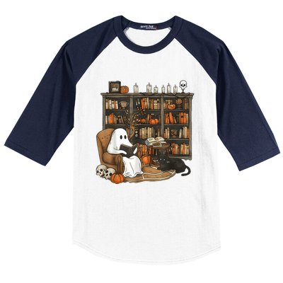 In Library Ghost Reading Books Halloween Librarian Ghost Baseball Sleeve Shirt