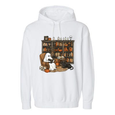 In Library Ghost Reading Books Halloween Librarian Ghost Garment-Dyed Fleece Hoodie