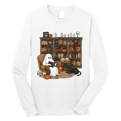 In Library Ghost Reading Books Halloween Librarian Ghost Long Sleeve Shirt