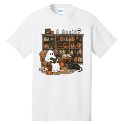 In Library Ghost Reading Books Halloween Librarian Ghost Tall T-Shirt