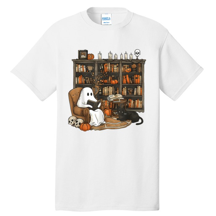 In Library Ghost Reading Books Halloween Librarian Ghost Tall T-Shirt