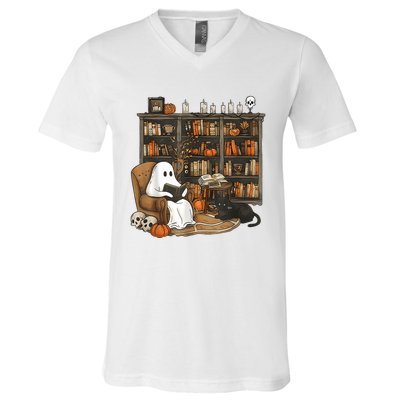 In Library Ghost Reading Books Halloween Librarian Ghost V-Neck T-Shirt