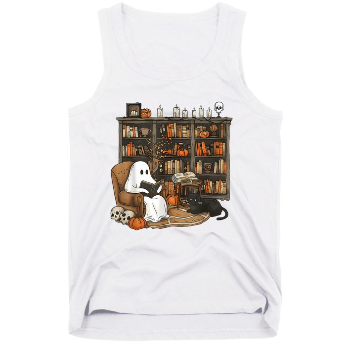 In Library Ghost Reading Books Halloween Librarian Ghost Tank Top