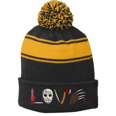 I Love Horror Movies Scary Movie Stripe Pom Pom Beanie