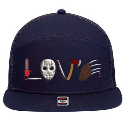 I Love Horror Movies Scary Movie 7 Panel Mesh Trucker Snapback Hat