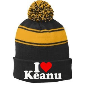 I Love Heart Keanu Stripe Pom Pom Beanie