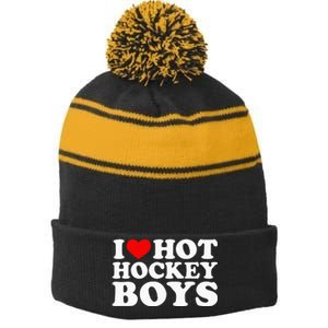 I Love Hot Hockey B.O.Y.S Stripe Pom Pom Beanie