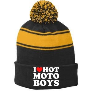 I Love Hot Moto Stripe Pom Pom Beanie