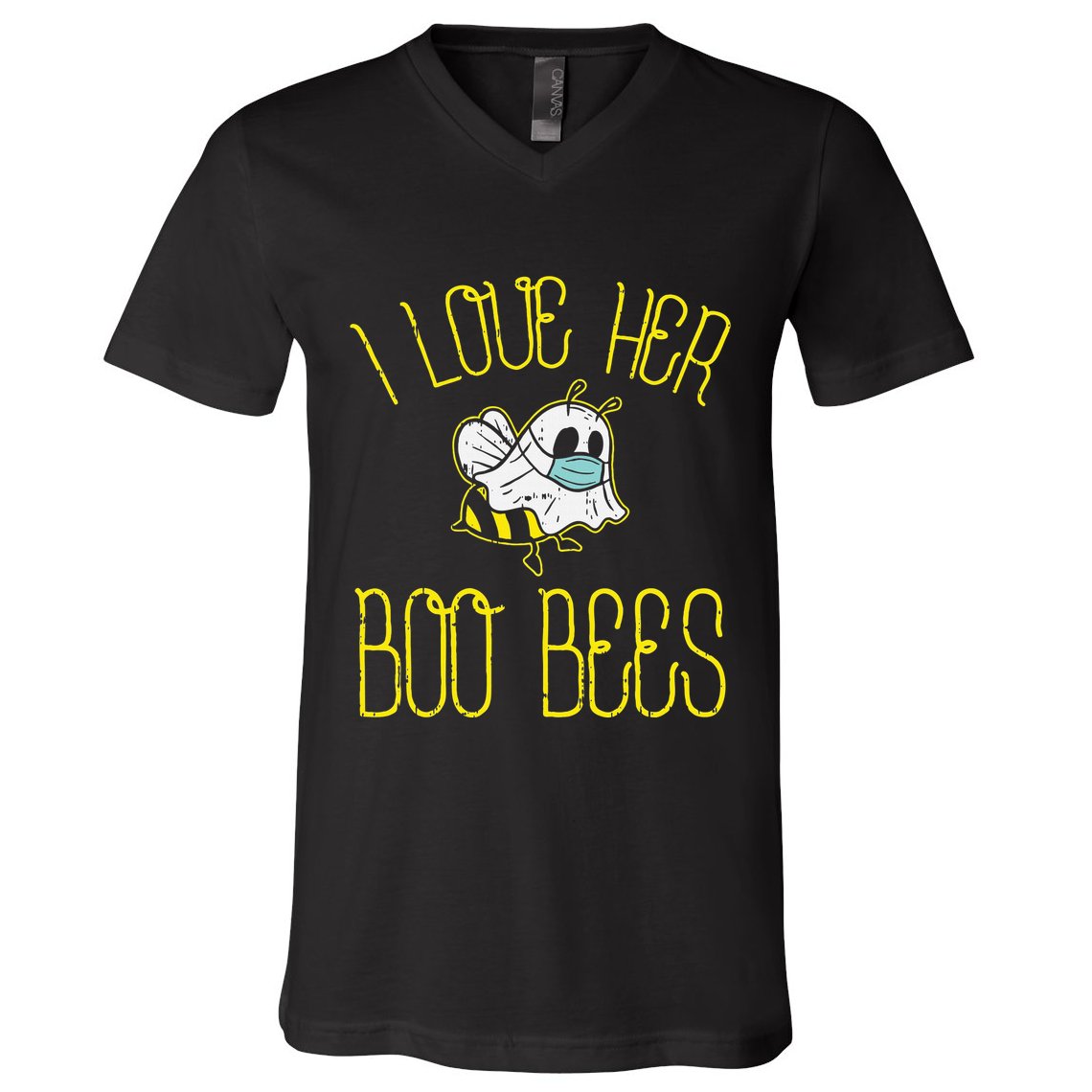 I Love Her Boo Bees Face Mask Matching Couple V-Neck T-Shirt